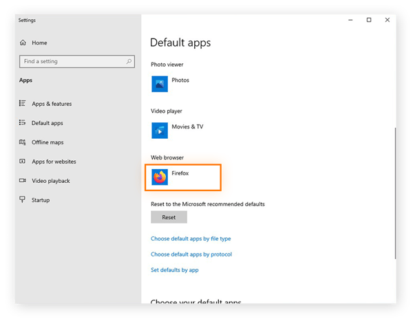 Ver o Firefox como o navegador padrão selecionado no momento no Windows 10