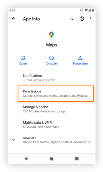 Finding the permissions of an app on Android.