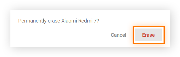 Highlighting the "Erase" option in the ERASE DEVICE confirmation window