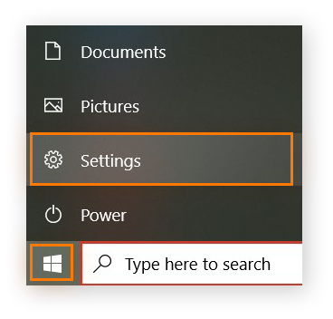 Windows-Startmenü, in dem „Einstellungen“ hervorgehoben ist.