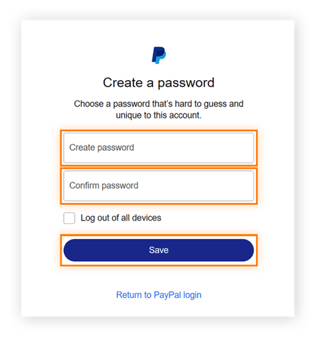 Cree una contraseña de PayPal nueva y única, y haga clic en Guardar