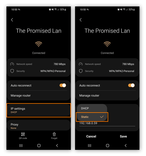 Changer les paramètres IP du réseau Wi-Fi de DHCP à Statique dans les paramètres Android.