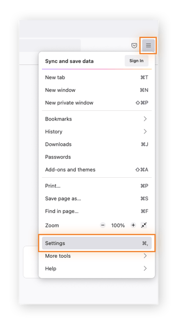 O ícone do menu (três linhas horizontais) fica destacado, assim como Configurações