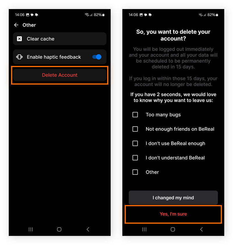 Deleting a BeReal account on Android.