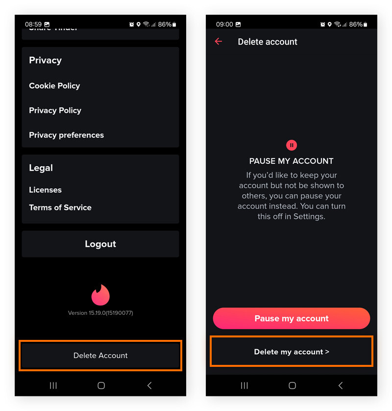 Deleting a Tinder account via the Settings menu on the Tinder app
