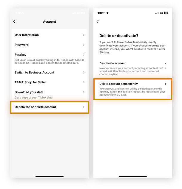 Opening Deactivate or delete account settings on TikTok.