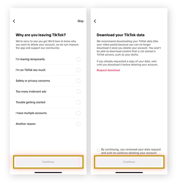A screenshot of the Download your TikTok data page in the TikTok app.