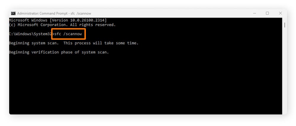 Screenshot showing how to run the SFC scannow command on Windows