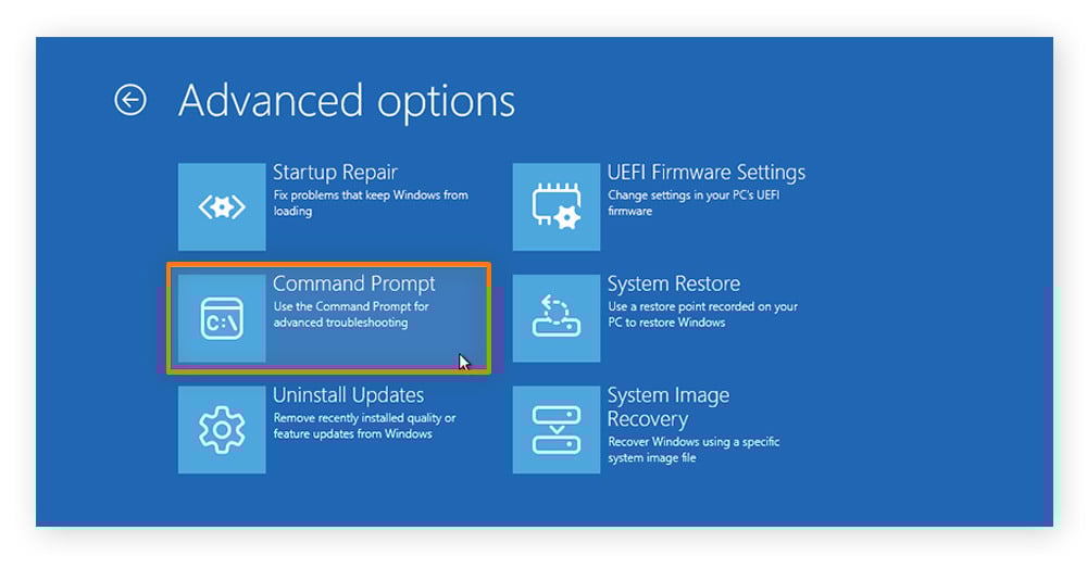 A screenshot showing how to open the Command Prompt window in Windows recovery media