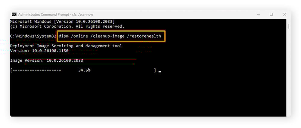 A screenshot showing how to run a DISM scan on Windows