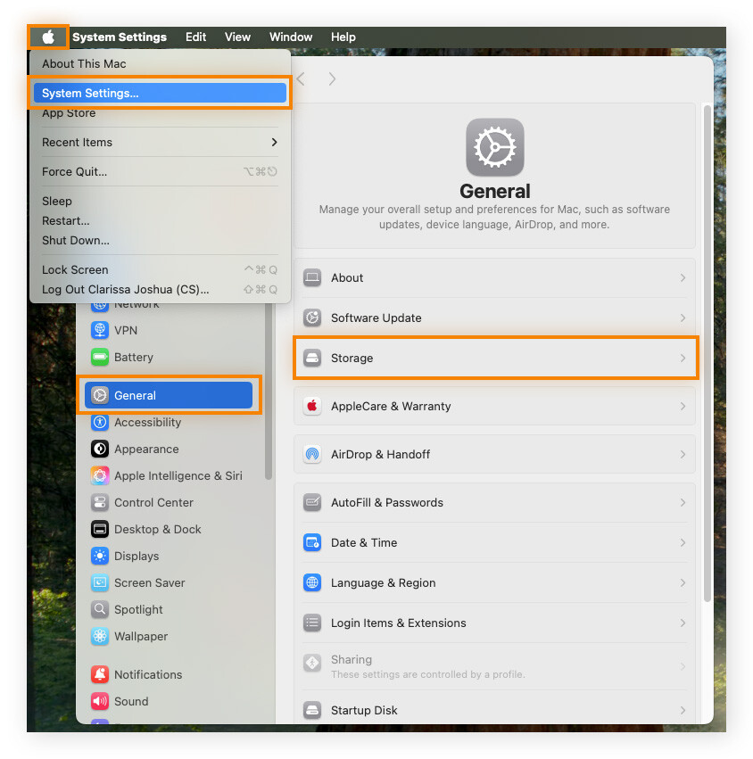 Captura de tela exibindo como acessar Armazenamento em Ajustes do Sistema no Mac.