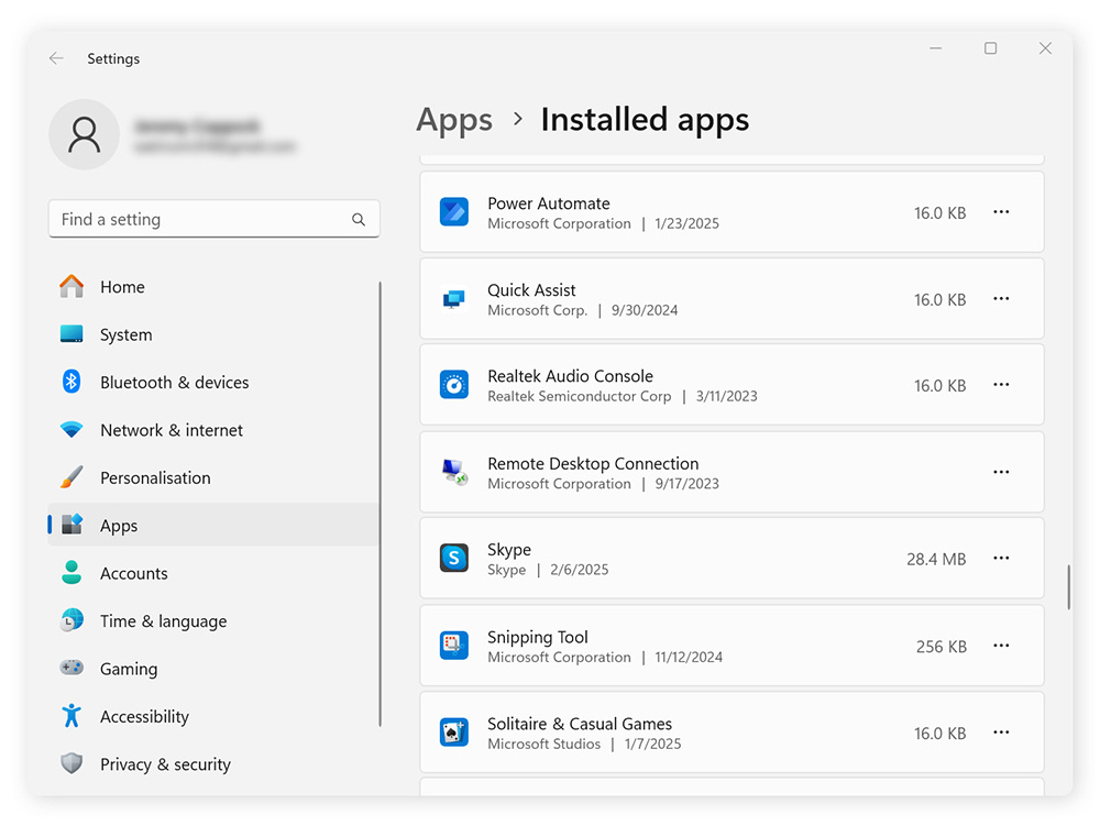 Uma lista de aplicativos instalados em um PC Windows.