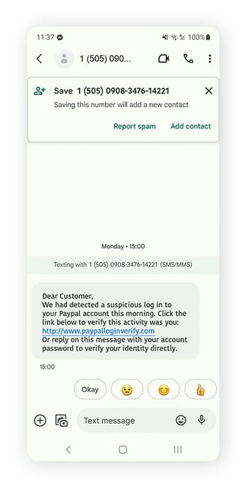 An example of a fake text message with telltale signs to help you identify the scam.