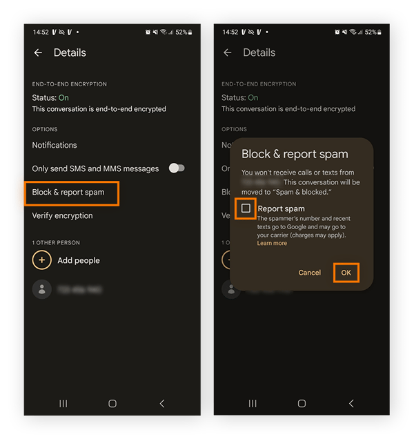An example of how to block and report a fake text message.