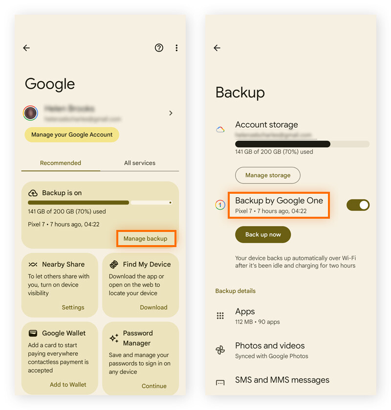 Screenshot of Google services and preferences menu on Android with backup highlighted