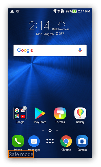 The home screen in Android 7.0, showing that safe mode is enabled