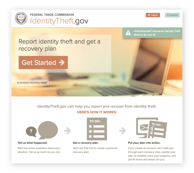 Le site web de signalement de vol d’identité aux États-Unis.