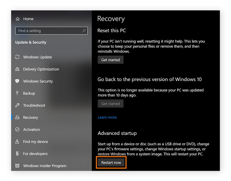 Eine Ansicht der Wiederherstellungseinstellungen unter Windows. Unter „Erweiterter Start“ ist „Jetzt neu starten“ eingekreist.