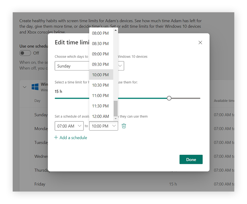 Einrichten eines Zeitplans mit Bildschirmzeitlimits in den Kindersicherungseinstellungen von Microsoft