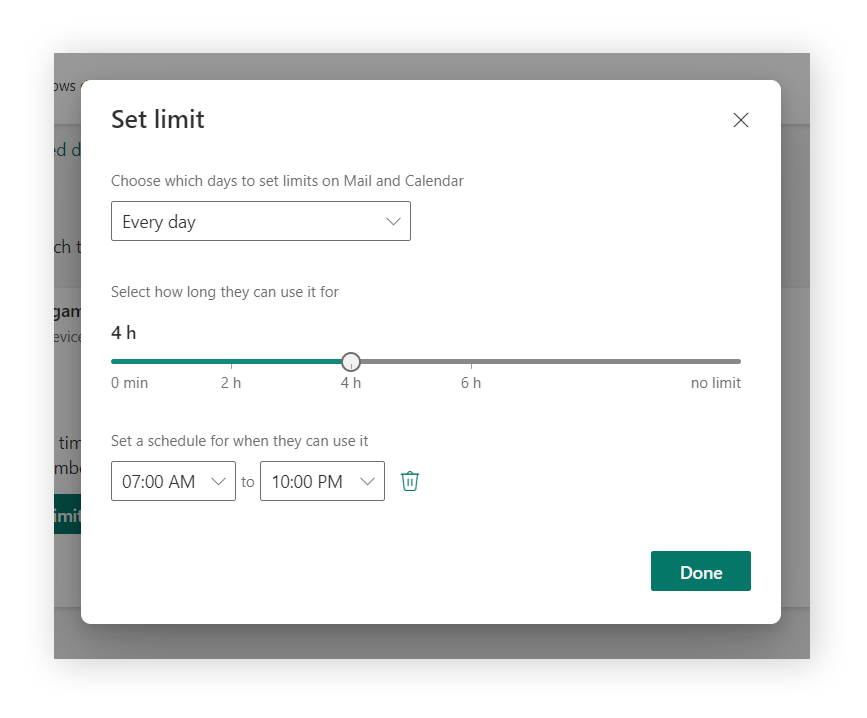 Festlegen der maximalen Nutzungsdauer einer App in den Kindersicherungseinstellungen von Microsoft.