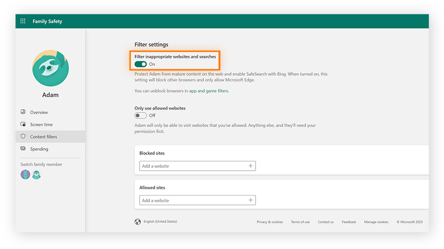 Filtern von unangemessenen Websites und Suchvorgängen mit der Microsoft-Kindersicherung.