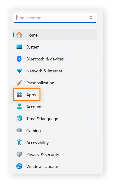Linker Teil des Einstellungsmenüs, „Apps“ eingekreist.