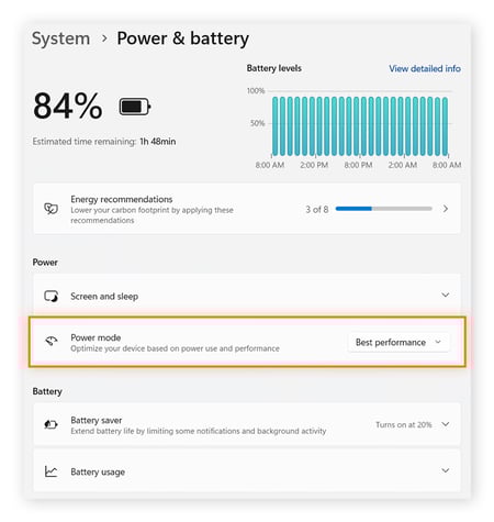  Einstellungen für Energie und Akku in Windows 11. Der Energiemodus ist hervorgehoben und „Beste Leistung“ ist ausgewählt.