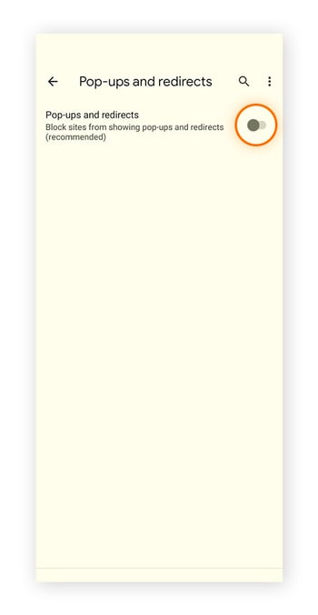 Einstellungen für Popups und Weiterleitungen für Google Chrome auf einem Android-Smartphone, deaktiviert.