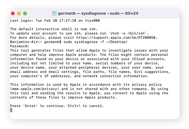 Iniciar una prueba de diagnóstico de Mac desde Terminal.