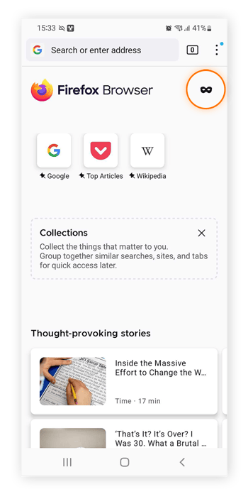Enabling Private Firefox mode in the Firefox for Android browser app.