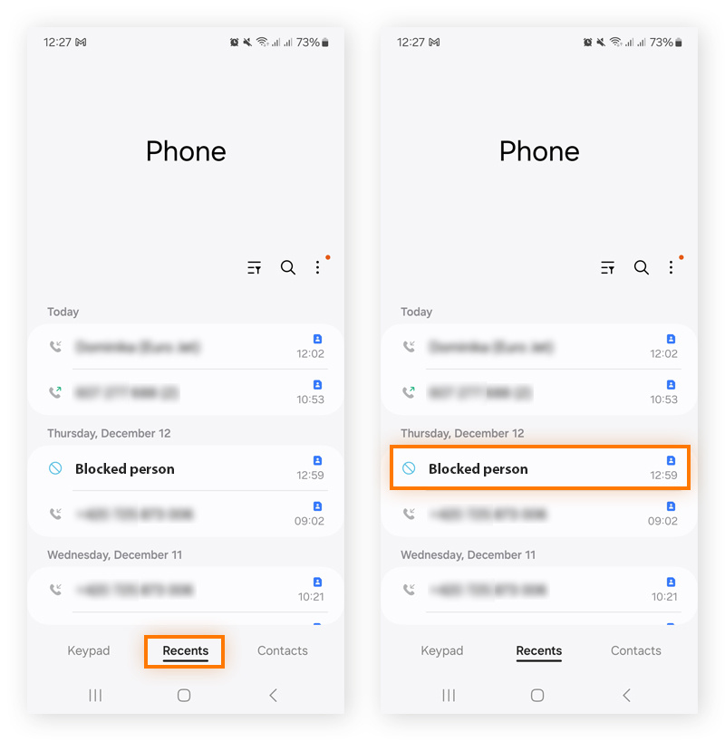 Captures d’écran montrant comment sélectionner un appelant récent dans l’application Téléphone Android.