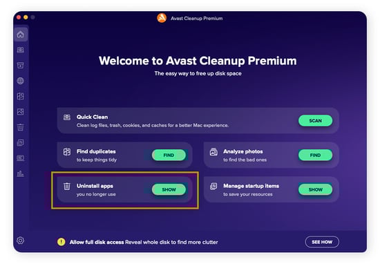 En la pantalla de inicio de Avast Cleanup, haga clic en Mostrar junto a Desinstalar aplicaciones.