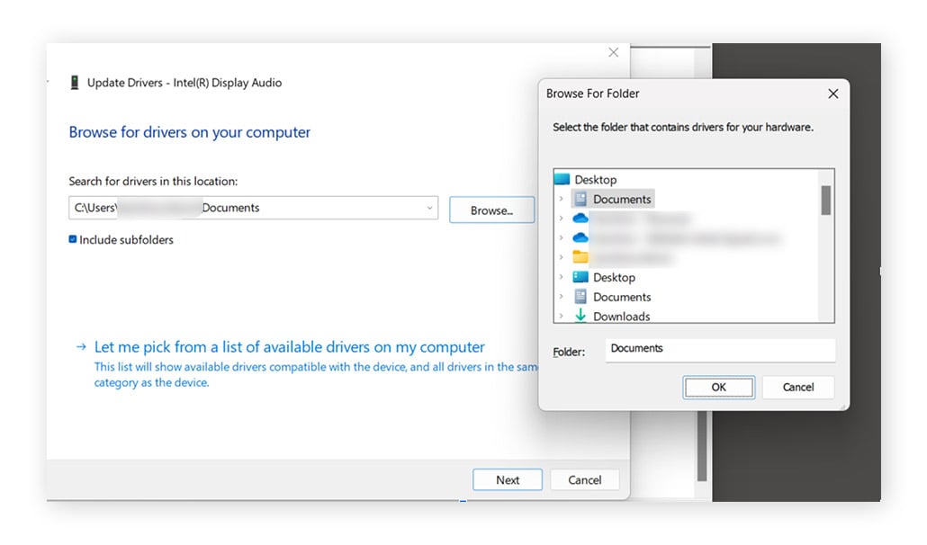 Windows 11 device manager showing the "browse my computer for drivers" option in Device manager.