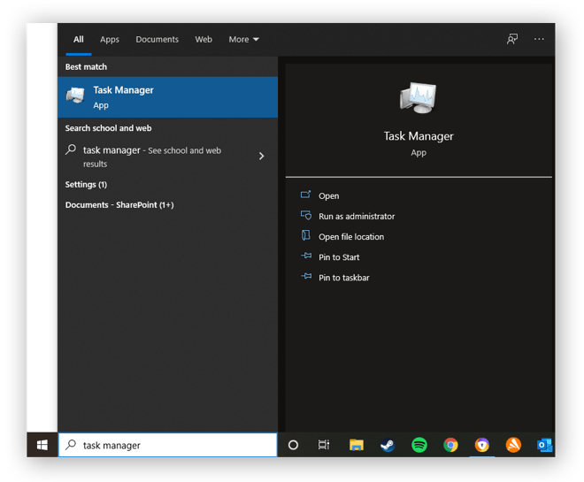 Encontrar el Administrador de tareas a través de la barra de búsqueda del escritorio de Windows.