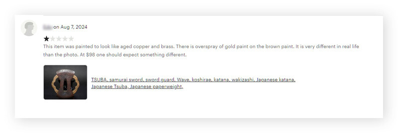 A screenshot showing an Etsy product review that reveals a typical Etsy bait-and-switch scam.
