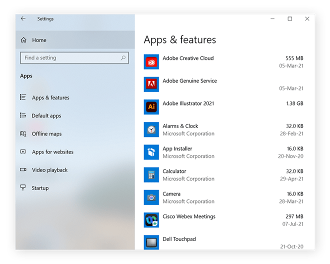 Windows apps and features menu with list of installed apps.