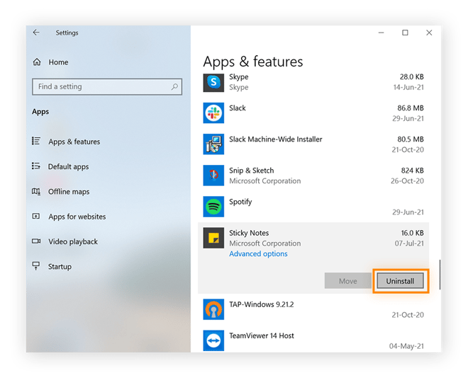 Apps and features menu with an app selected and the uninstall button highlighted.