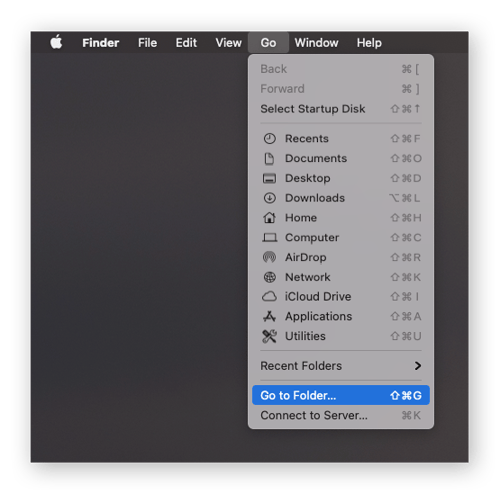 Finder window on mac with Go to Folder selected from the Go menu.