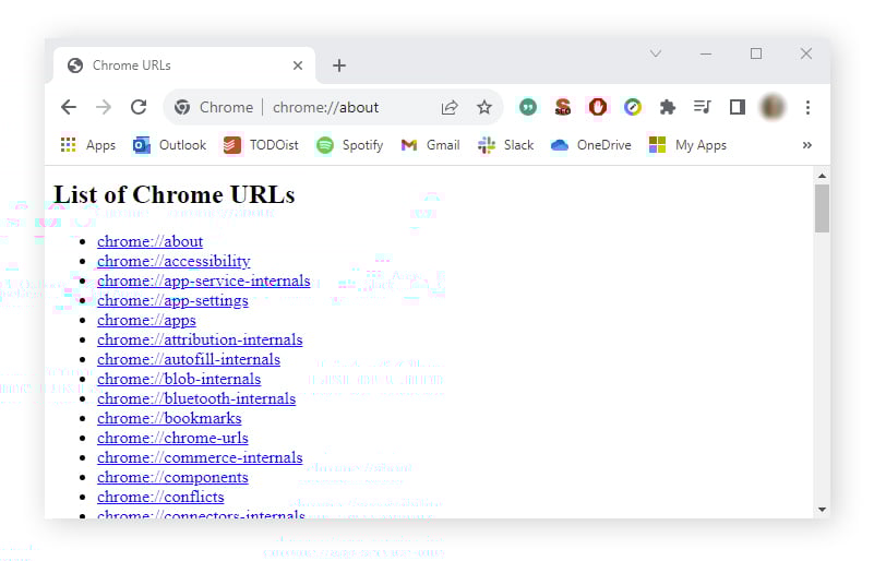 An example of the about:about webpage showing a list of Chrome URLs