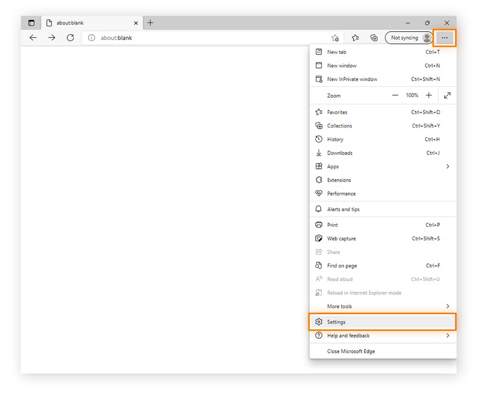 Opening Settings in Microsoft Edge.