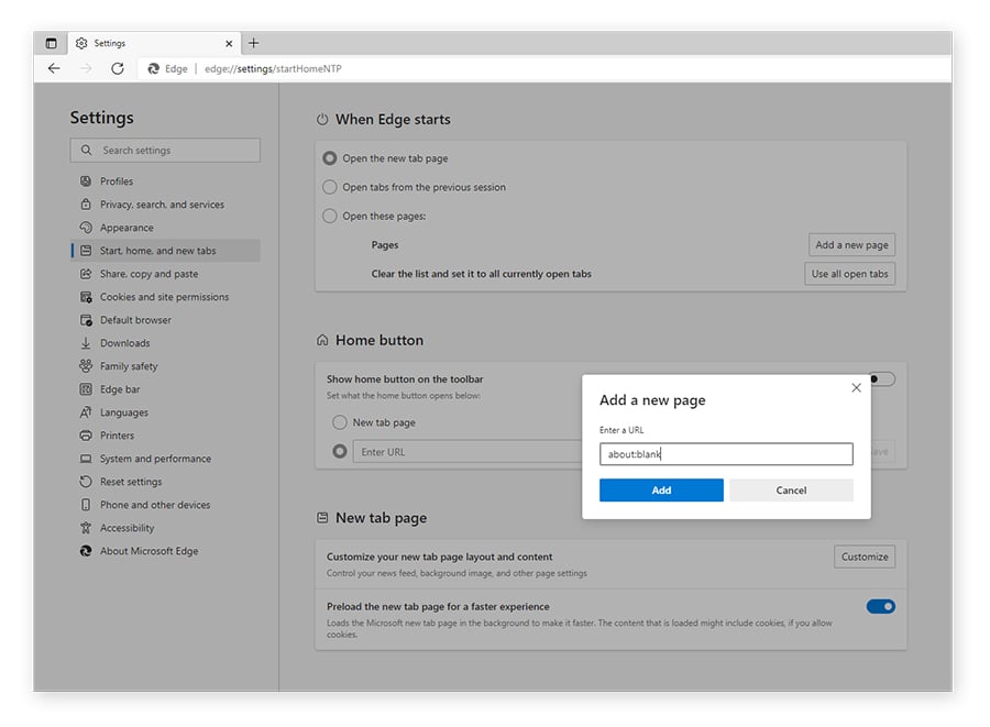 Adding about:blank as a homepage in Edge.