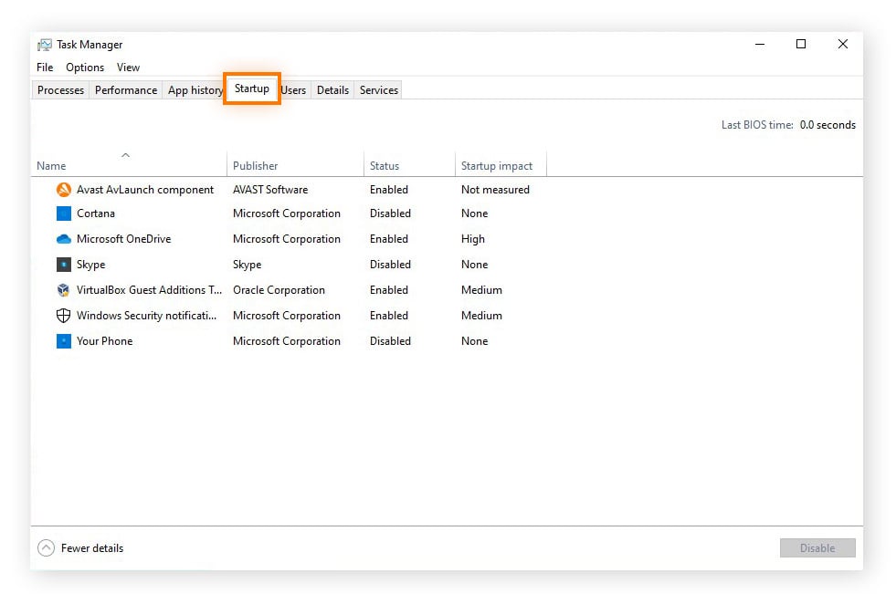 Affichage des éléments de démarrage dans le Gestionnaire des tâches sous Windows 10 et 11.
