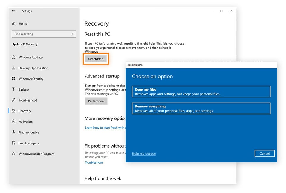 Confirmation de la réinitialisation aux paramètres d’usine sous Windows 10.